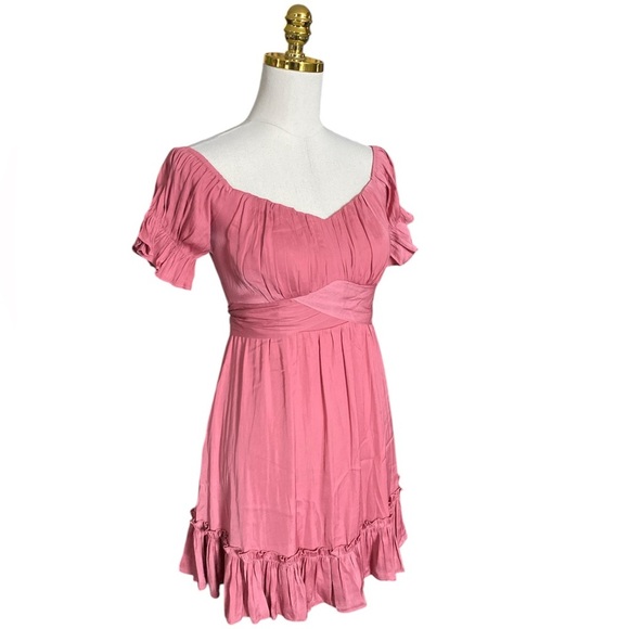 SAINTS+SECRETS Coral Off-Shoulder Babydoll Ruffle Tiered Tie-back Mini Dress M - Picture 5 of 10